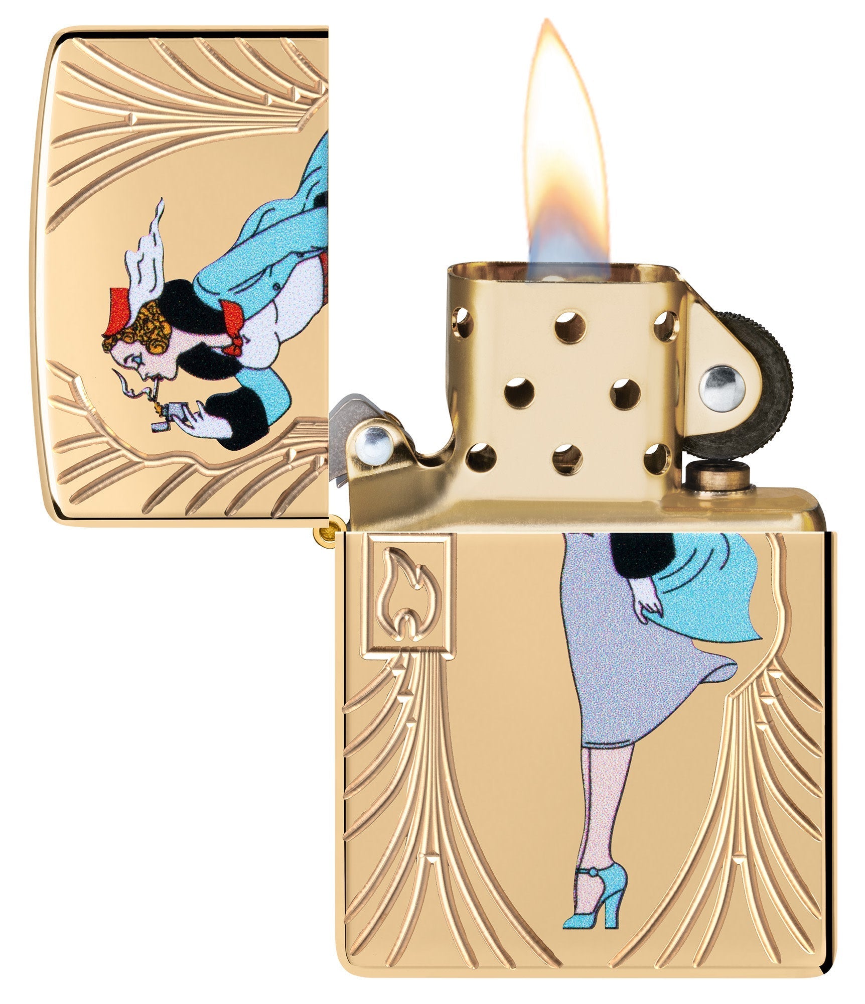Zippo Windy 85th Anniversary Collectible Armor High Polish Brass Windproof Lighter with its lid open and lit.